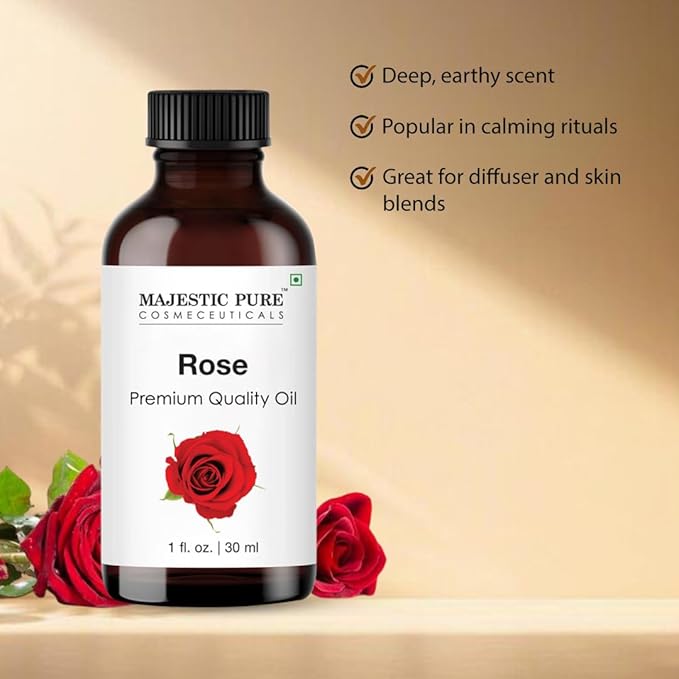 Majestic Pure Rose Essential Oil with Glass Dropper - 1 Fl Oz - 100% Pure and Natural Rose Oil - Premium Grade Essential Oils for Diffuser, Aromatherapy, Soap and Candle Making