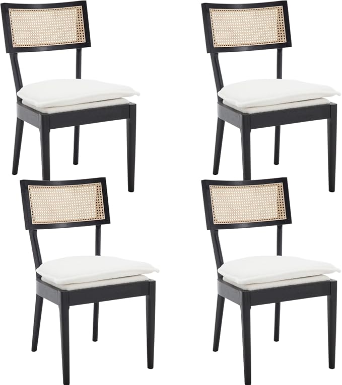 Rattan Dining Chairs Set Of 4 , Mid Century Modern Black Wooden Cane Back Chairs with Removable Sherpa Cushion , Retro Farmhouse Upholstered Kitchen & Dining Room Chairs for Restaurant Living Room