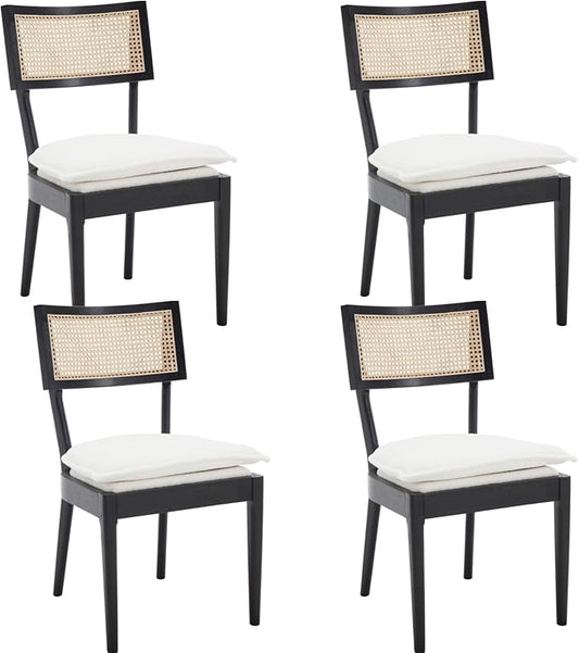 Rattan Dining Chairs Set Of 4 , Mid Century Modern Black Wooden Cane Back Chairs with Removable Sherpa Cushion , Retro Farmhouse Upholstered Kitchen & Dining Room Chairs for Restaurant Living Room