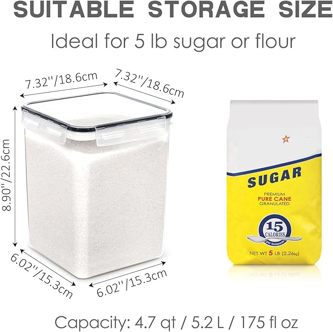 Large Food Storage Containers with Lids Airtight 5.2L /176Oz, for Flour, Sugar, Baking Supply, 3PCS BPA Free Plastic Canisters for Kitchen Pantry Organization