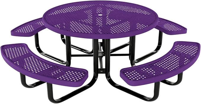 Heavy-Duty Portable Outdoor Kids Table with Umbrella Hole, Punched Steel Kids Picnic Table, Commercial-Grade, Made in America (46 in, Round, Childrens, Textured Purple)