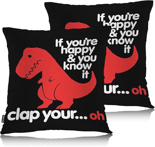 Swono Dinosaur Decorative Throw Pillows Covers, Cute Dinosaur If You are Happy Square Pillow Cushion Covers for Man Woman, Red Black Pillowcases Decor for Home Sofa Bed Garden, 2 Packs, 18x18 Inch