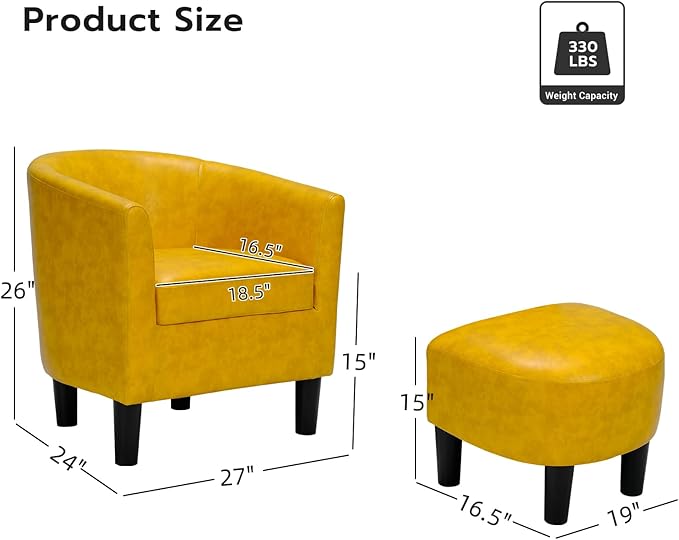 INZOY Modern Accent Chair with Ottoman for Small Space, Club Chair with Ottoman Set, Comfy PU Leather Barrel Reading Chairs for Living Room Bedroom, Round Reading Chair with Foot Rest, Yellow