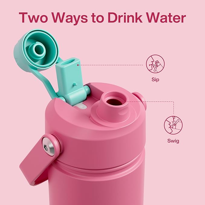 Kids Insualated Water Bottle with Straw - 12oz Stainless Steel Water Bottle with Dual Spouts, Leak-Proof, BPA-Free, Double Wall Vacuum Keeps Cold for 24 Hours for Sports, Travel, School (Tulip)