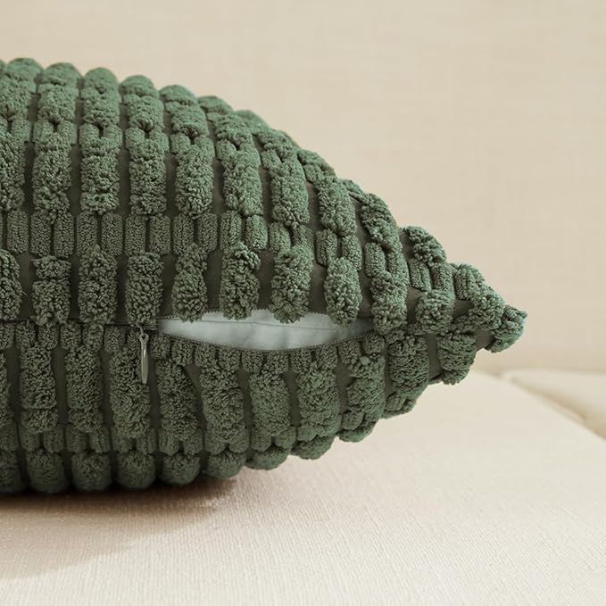 Fancy Homi 4 Packs Boho Olive Green Decorative Throw Pillow Covers 14x14 Inch for Couch Bed Sofa, Rustic Modern Farmhouse Home Decor, Soft Plush Corduroy Cute Square Cushion Case 35x35 cm