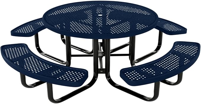 Coated Outdoor Furniture Heavy-Duty Portable Outdoor Kids Table with Umbrella Hole, Punched Steel Kids Picnic Table, Commercial-Grade, Made in America (46 In, Round, Childrens, Textured Dark Blue)