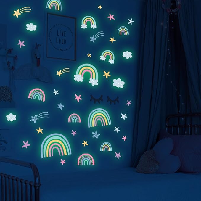 Quanhaigou Rainbow Clouds Stars Glow in The Dark Wall Stickers DIY Home Decor for Kid Boys Girl Bedroom Bathroom Decorations