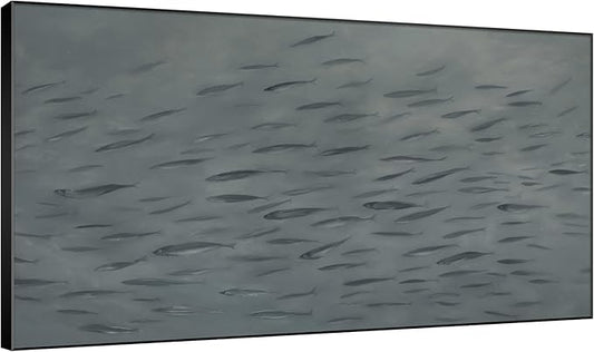 SIGNWIN 36"x60" Extra Large Framed Wall Art Gray School of Fish Minimalist Ocean-Inspired Marine Life Illustration for Home Living Room Bedroom Decor (Frame Assembly Required)