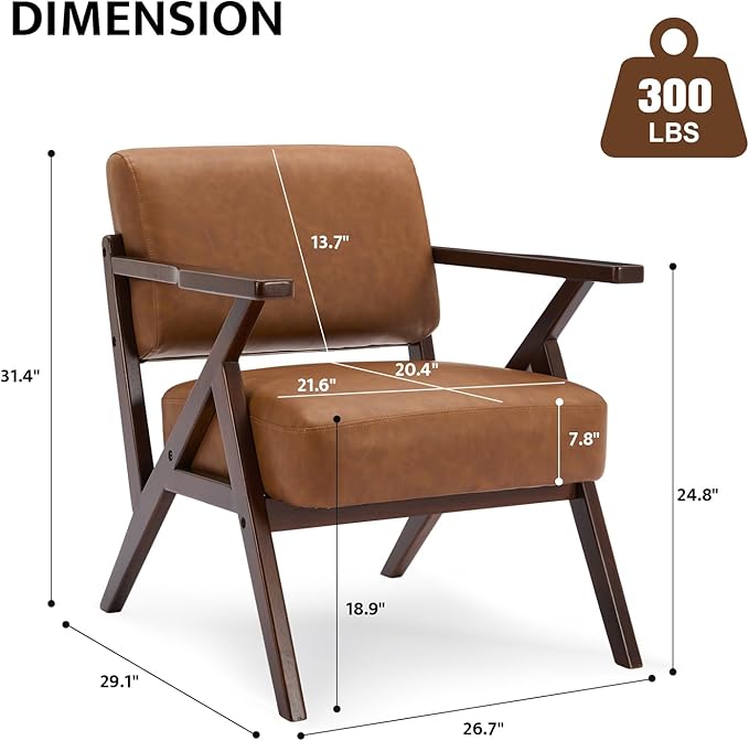 Mid-Century Modern Lounge Armchair - Genuine Brown Leather with Solid Wood X-Base Frame, Seat Cushion - for Living Room, Study, Balcony Retro Design, Brown Leather