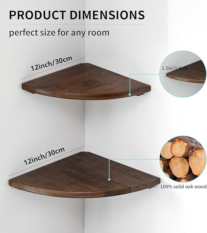 Corner Shelves, Floating Corner Shelf, Set of 2 12inch Solid Oak Wood Corner Wall Shelves, Round End with Wire Hole for Small Plant for Bedroom Kitchen, Living Room