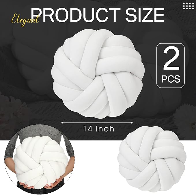 Fumete 2 Pcs 14 Inches Knot Pillow Round Throw Soft Plush Knot Ball Pillow Handmade Knotted Modern Home Decorative Cushion for Bed Bedroom, Sofa, Couch (White)