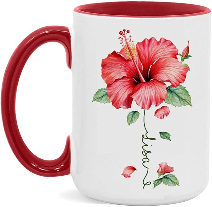 Personalized Hibiscus Blossom Design Mug, Custom Name Vibrant Flower Coffee Cup, Customized Mug For Floral Enthusiasts, Novelty Hibiscus Flower Ceramic Cup 11oz 15oz, Gift For Women