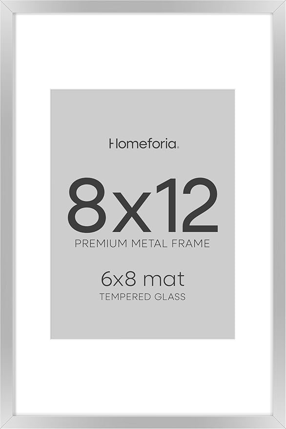 Homeforia Silver 8x12 Picture Frame, High End Metal 8 x 12 Poster Frames with Mat 6 by 8 for Photo, 12x8 Frame Matted to 6x8 inch Art, 8by12 Wall or Tabletop Frames, Tempered Glass, Wall Kit, Set of 1