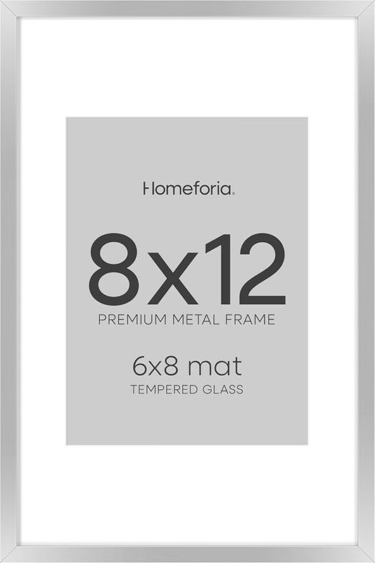 Homeforia Silver 8x12 Picture Frame, High End Metal 8 x 12 Poster Frames with Mat 6 by 8 for Photo, 12x8 Frame Matted to 6x8 inch Art, 8by12 Wall or Tabletop Frames, Tempered Glass, Wall Kit, Set of 1