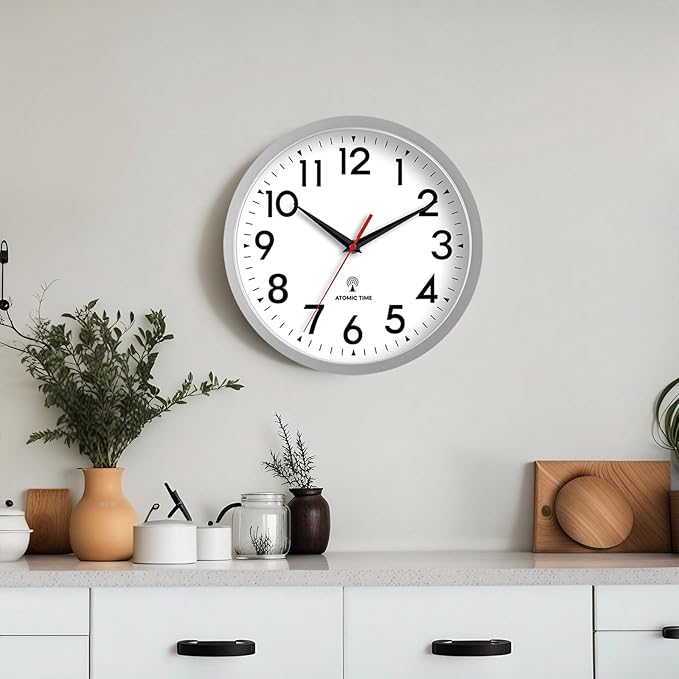 Atomic Wall Clock Analog 14 Inch Battery Operated Modern Decorative for Living Room Kitchen Office Bedroom Bathroom(Silver)