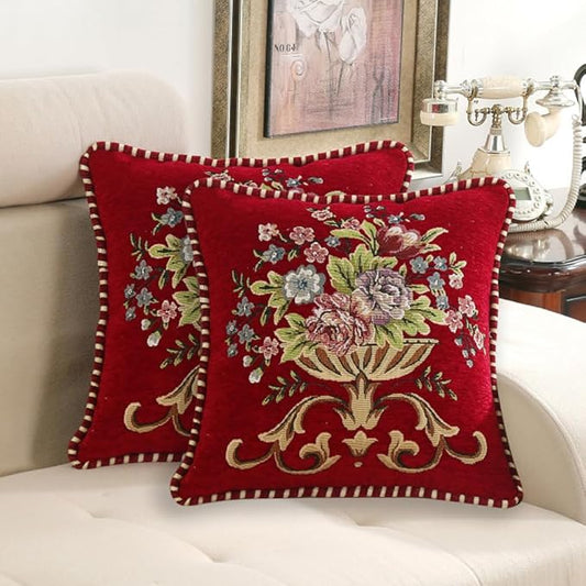 Set of 2 Red Vintage Embroidered Throw Pillows Covers 18x18in Sofa Couch,Red Floral Embroidered Cushion Cover for Sofa Bed Chairs Car