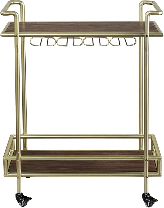 MyGift 2 Tier Rolling Bar Cart, Vintage Brass Tone Metal Cocktail and Wine Trolley with Burnt Wood Shelf Trays, Wine Glass Stemware Holder Rack and Lockable Wheels