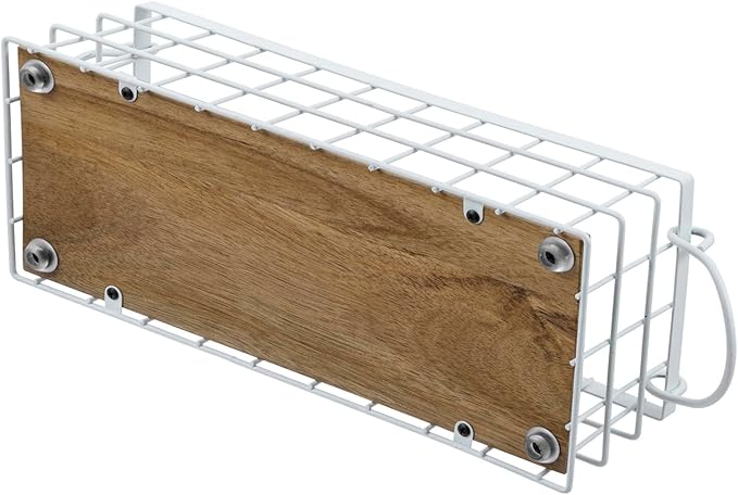 MyGift 13 and 12 Inch Nesting Storage Baskets with Handles, Wall Mounted or Tabletop White Metal Wire and Premium Acacia Wood Decorative Shelf Organizer Bins, 2 Piece Set