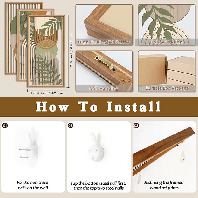 IARTTOP Large Boho Wood Wall Art Framed Mid-century Modern Wooden Wall Decor Set of 3 Green Bohemian Abstract Wall Art Decor For Bedroom Living Room Office-16 x32