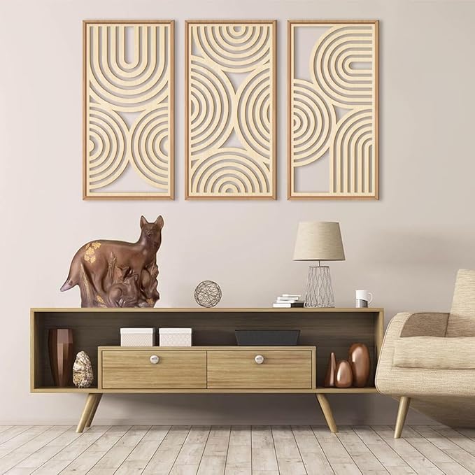IARTTOP Large Boho Wood Wall Art Set of 3 Framed Wooden Mid-century Modern Wall Decor Minimalist Modern Abstract Geometric Decor for Living Room Bedroom Office-16x32 Inch