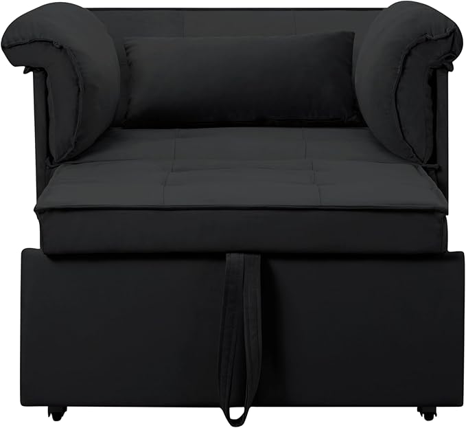 Pull Out Sofa Bed, Convertible Sleeper Chair Bed with Lumbar Pillow, 3-in-1 Sofa Chair with 3 Adjustable Backrest, Armchair Sleeper Small Couch for Small Spaces Living Room Black