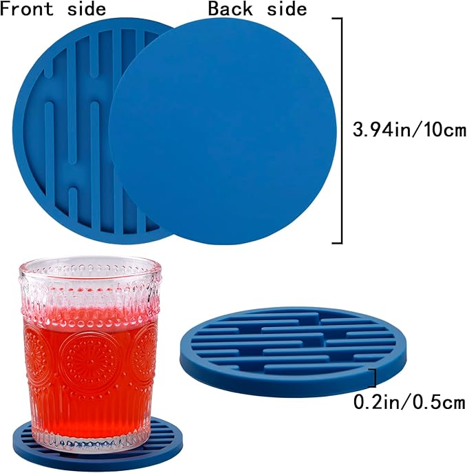 Coasters for Drinks & Coffee Table, Cute Silicone Cup Coasters with Holder, Drink Coaster Set of 8, Soft Cool Bar Coaster Dia 4 Inch, Beer Funny Mat for Tabletop, Desk and Outdoor Blue