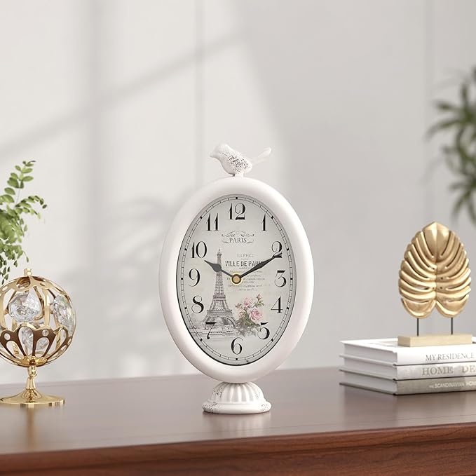 Vintage Table Clock with Bird, Desk and Shelf Decor Clock, French Paris Style, Antique White Metal Mantel Clocks for Living Room, Farmhouse, Bedroom, Bedside, Gift (10" H x 5.9" W)