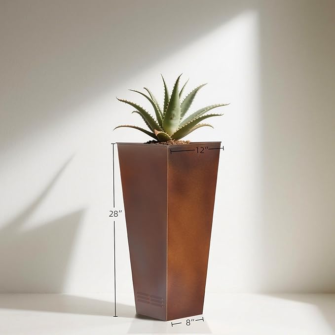 Worth Garden 28" H. Large Metal Planter Set of 2, Classic Matte Bronze Retro Finish Tall Square Tapered Steel Flower Plant Pots for Indoor & Outdoor Use - Insert Plate with Drain Holes, Air Vents
