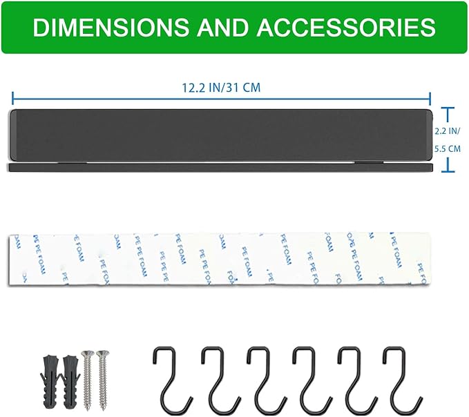 YIIYIIN 12 Inch Magnetic Knife Holder for Wall No Drill,Adhesive Knife Magnetic Strip with 6 Hooks,Kitchen Double Rods Stainless Steel Magnetic Utensil Holder(Black)