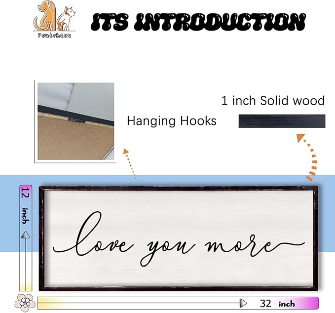 Love You More Above Bed Wall Decor Sign 32"×12" for Master Bedroom Over Bed Large Simple Wood Framed Hanging Wall Art (Black)