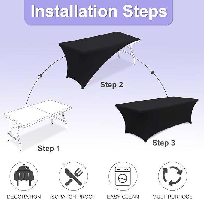 ABCCANOPY 4 Pack 8 FT Black Spandex Table Cover Stretch Fitted Wrinkle Resistant Tablecloth Reuse for Rectangular Folding Table Patry Event Wedding Banquet Protector
