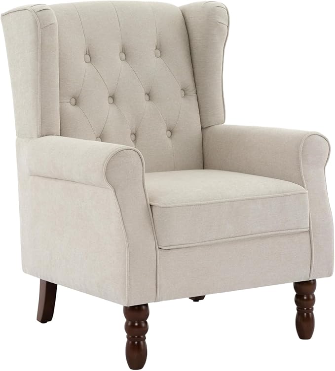 UIXE High Back Accent Chair, Upholstered Armchair in Fabric for Living Room, Retro Wingback Arm Chair Comfy Single Sofa Bedroom Reading Seat with Solid Wood Legs - Beige