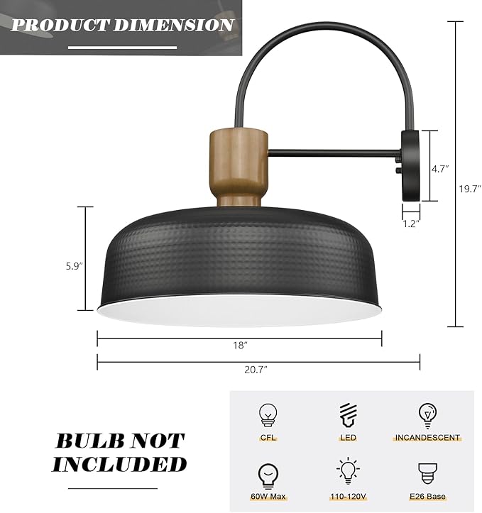 Outdoor Barn Light Gooseneck Barn Light, Farmhouse Exterior Wall Mount Light Vintage Wall Lighting Fixture Industrial Sconce Lantern for Porch, Entryway, Garage, Black, 1 Pack, Large