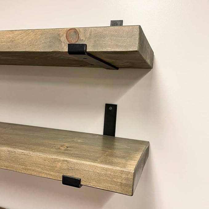 Rustic Shelves with J-Brackets Set of 2, Industrial Shelf, Kitchen Shelves, Solid Wood, Decorative Wall Storage, Heavy Duty, URBANDI (Grey, 12Wx12D)