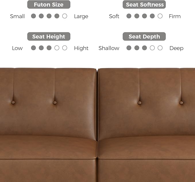 89” Futon Sofa Bed, Faux Leather Futon Couch Bed with 2 Square Pillows, Convertible Sleeper Sofa with Adjustable Backrest& Armrests, Modern Loveseat Sleeper for Living Room, Bedroom, Brown