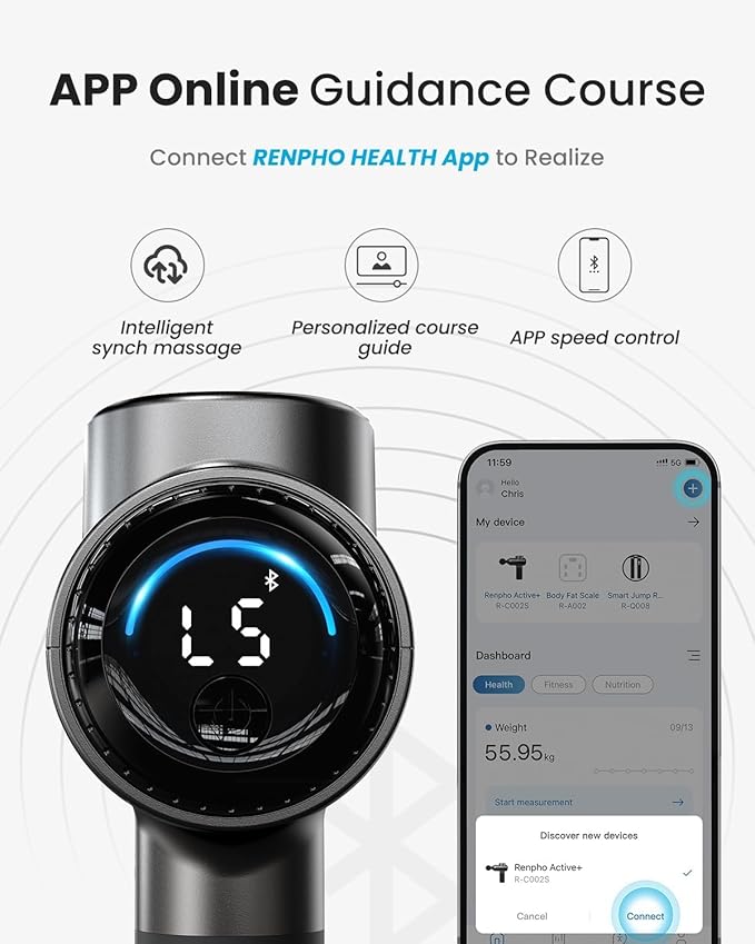 RENPHO Massage Gun with Heat, Portable Percussion Massager with Bluetooth for Back and Neck, Gifts for Men and Women, Carry Case, Active+ Thermal