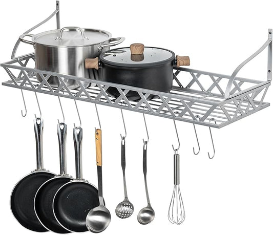 MyGift Wall Mounted Silver-Tone Metal Hanging Kitchen Pots, Pans and Utensils Storage Cookware Rack with 12 Removable S-Hooks and Top Display Shelf for Condiments Spice Rack