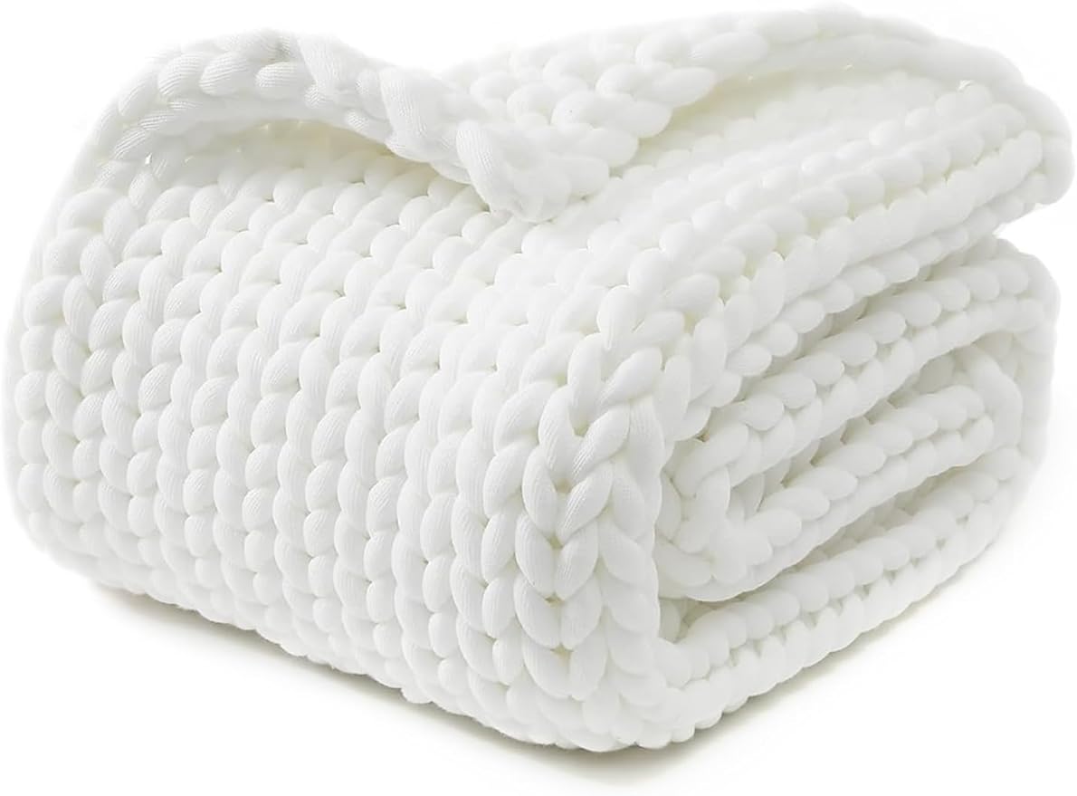 YnM Chunky Throw Blanket, Medium-Weight, Hand Knitted, Skin Friendly, Ventilated and Breathable, Machine Washable, Home Décor Piece for Couch, Sofa and Bed (White, 50x70 Inch)