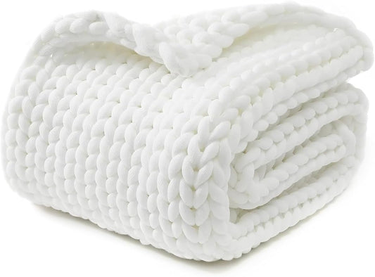 YnM Chunky Throw Blanket, Medium-Weight, Hand Knitted, Skin Friendly, Ventilated and Breathable, Machine Washable, Home Décor Piece for Couch, Sofa and Bed (White, 50x70 Inch)