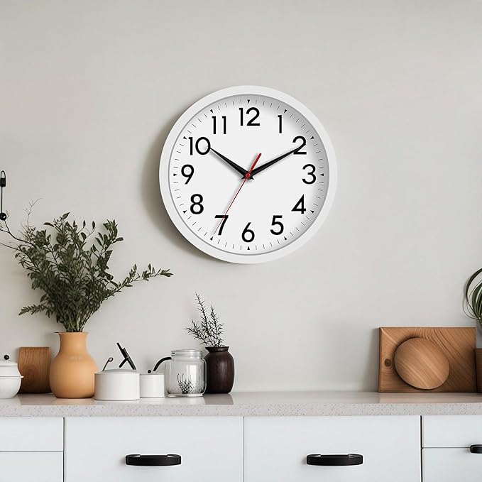 Wall Clock Modern Battery Operated 10 Inch Simpel Silent Non Ticking Analog Decorative for Kitchen Bathroom Bedroom Office Living Room School Classroom(White)