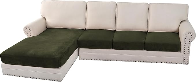 H.VERSAILTEX Velvet Stretch Sectional Couch Covers 4 Pieces Sofa Seat Cushion Covers L Shape Separate Couch Cover for Both Left/Right Sectional Couch (Large Sofa 3 Seater + 1 Chaise, Olive)