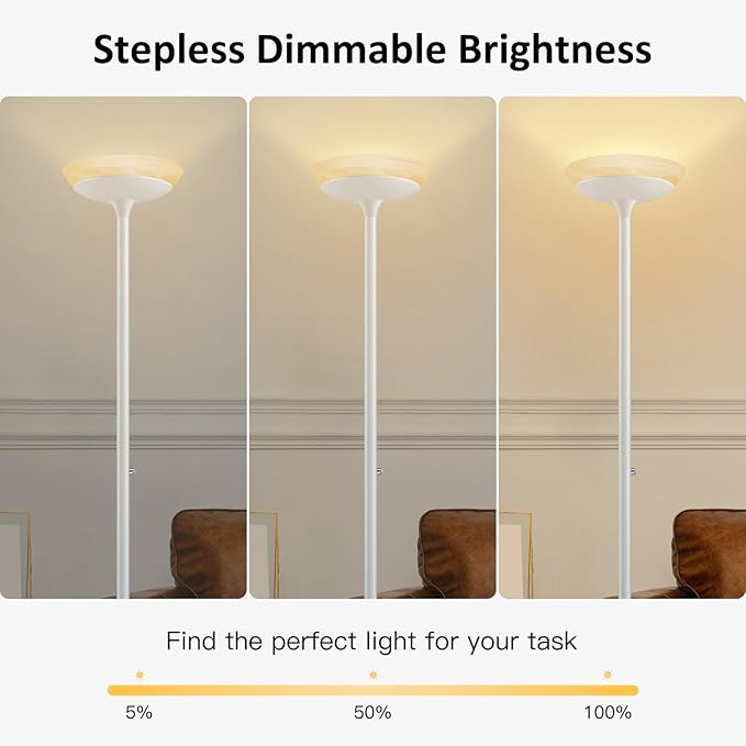 BoostArea Torchiere Floor Lamp, 24W Super Bright LED Standing Lamp, Stepless Dimmable Pole Lamp with 3000K Lighting, Glass Lampshade, 71Inch Tall Metal Modern Floor lamps for Living Room/Bedroom White