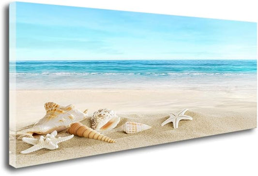 DZL Art S73950 Beach Picture Decor Ocean Painting Canvas Wall Art Prints of Starfish and Seashell on Sandy Seaside Ready to Hang for Living Room Bedroom Office Wall Decor Home Decoration