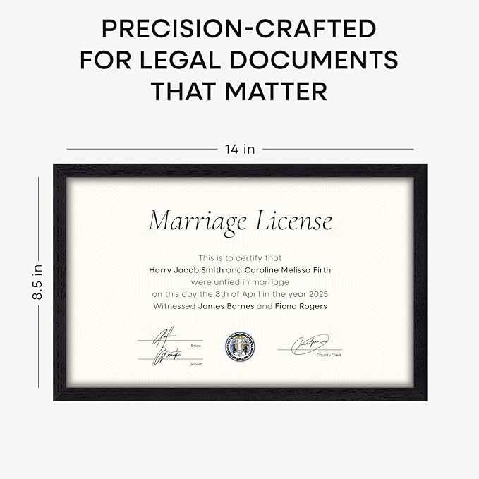 Homeforia 8.5x14 Marriage License Frame Black, High End Oak 8.5x14 Certificate Black Wood Frames, 8.5by14 Wooden Frame for Wall & Tabletop, 8.5 by 14 Picture Frames, Tempered Glass, Wall Kit, Set of 1