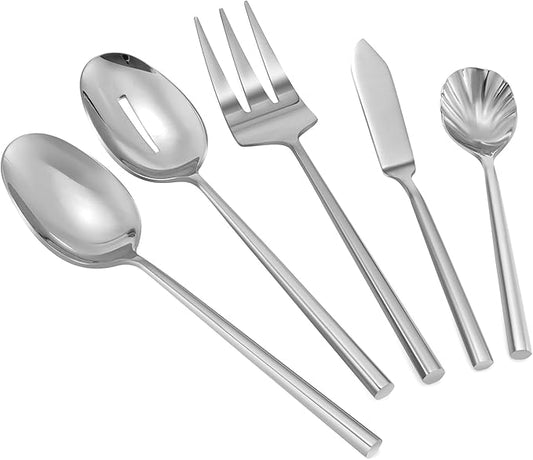 Silverware Serving Set 5-Piece Mirror Polished Stainless Steel Flatware Thick Handle Hexagon Cutlery Serving Utensils Set