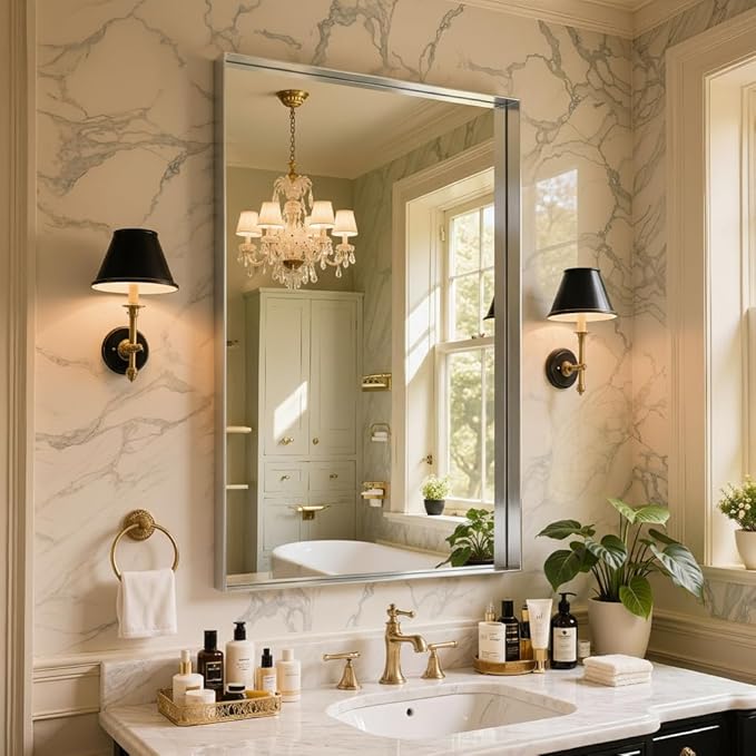 55"x30" Silver Framed Bathroom Mirror, Large Rectangular Vanity Mirror, Aluminum Metal Frame, Wall Farmhouse Modern Wall-Mounted Mirrors for Bathroom, Bedroom, Living Room, Over Sink