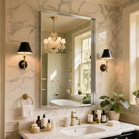 55"x30" Silver Framed Bathroom Mirror, Large Rectangular Vanity Mirror, Aluminum Metal Frame, Wall Farmhouse Modern Wall-Mounted Mirrors for Bathroom, Bedroom, Living Room, Over Sink