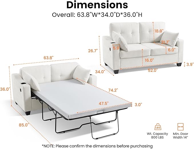 Pull Out Sofa Bed, Full Size Sleeper Sofa, 2-in-1 Convertible Corduroy Couch with USB Charging, Memory Form Couch for Living Room, Apartment and Small Space (Beige, Chenille - Full Size)