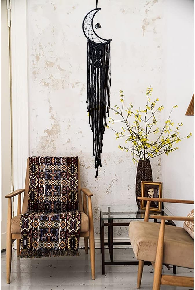 MOONFLY Black Moon Dream Catcher with Handmade Crystal Stone Design Woven Cotton Dream Catchers Boho Macrame Wall Hanging Home Decoration Ornament Craft Gift (Black Crystal Stone Moon)