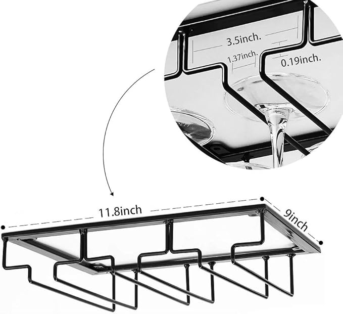 Wine Glass Rack - Under Cabinet Stemware Wine Glass Holder Glasses Storage Hanger Metal Organizer for Bar Kitchen Black